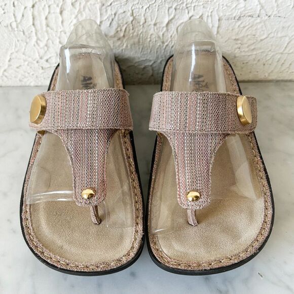 Alegria Carina Pink/Beige/Gold Leather Thong Sandals - Women's 37/6.5 - Picture 3 of 9